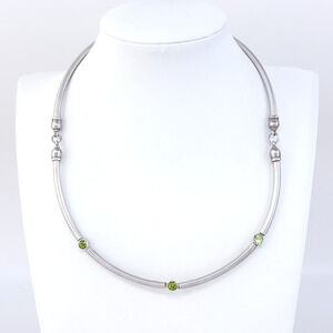 Vintage Sterling Silver 925 Green Peridot Accent Modernist Collar Necklace 16"